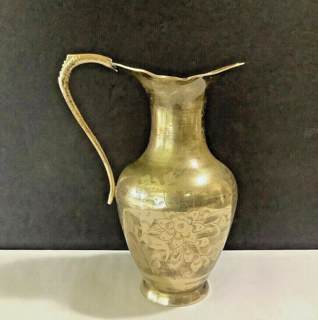 VTG India Large & Heavy Solid Brass Decorative 11’’ Tall Jug/Pitcher w/Handle