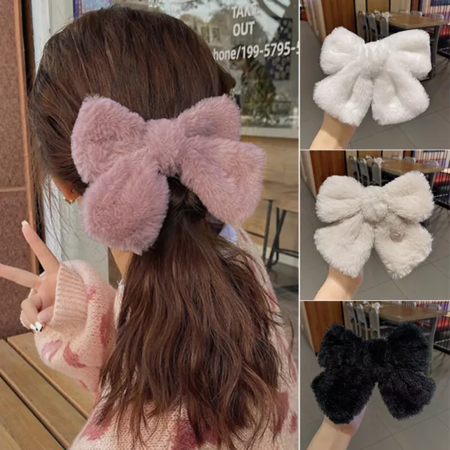 Groß Schleifenknopf Samt Haarspange Flauschig Imitat Nerz Feder Clip Top DIY ~