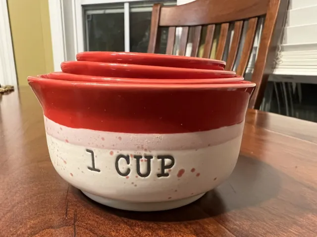 CUTE! Farmhouse Nesting Ceramic Measuring Cups Peppermint & Pine red/white EUC