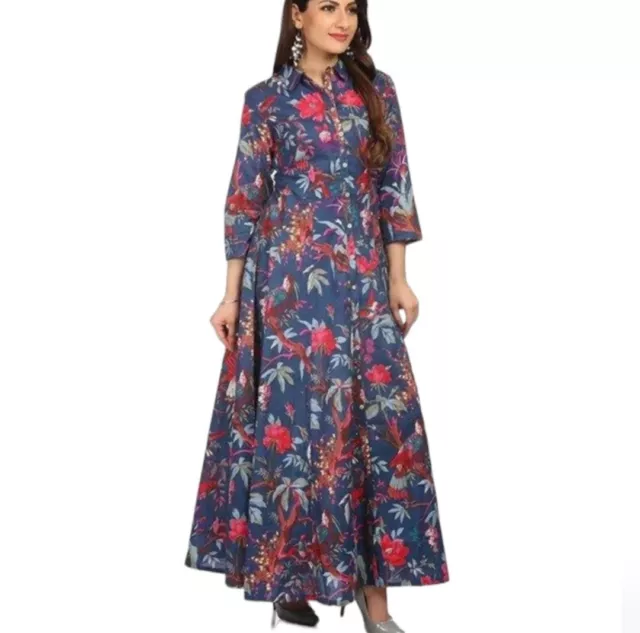 BIBA Women's Size 34 Blue Flared Floral Cotton Maxi Kurta Dress