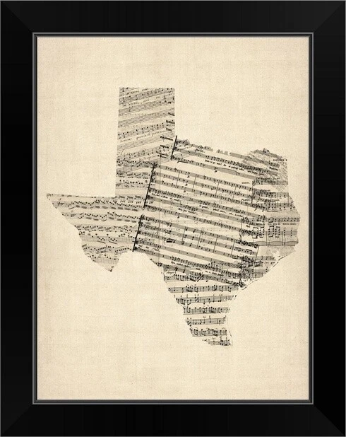 Old Sheet Music Map of Texas Black Framed Wall Art Print, Map Home Decor