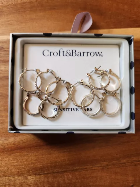 Croft & Barrow Sensitive Ears Earrings 5 Pair Silvertone Small Hoops Pierced