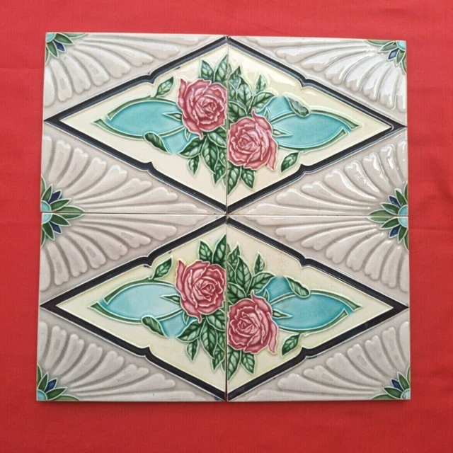 4 Piece Old Art Deco Flower Design Embossed Majolica Ceramic Tiles Japan 0117