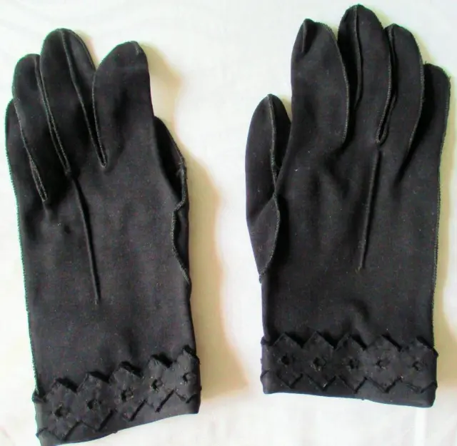 Vintage 50S Kayser Italy Black Cotton Simplex Wrist Length Gloves Zig Zag Cuff 7