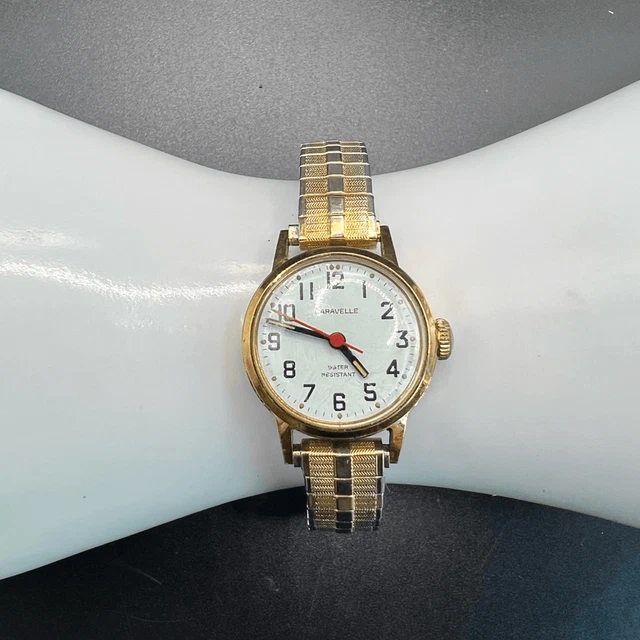 Vintage Caravelle by Bulova Watch Women Gold Tone Stretch Band Manual Wind