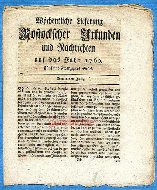 Mecklenburg, Rostocksche Zeitung, Urkunden und Nachrichten, 25. Stück, um 1760 !