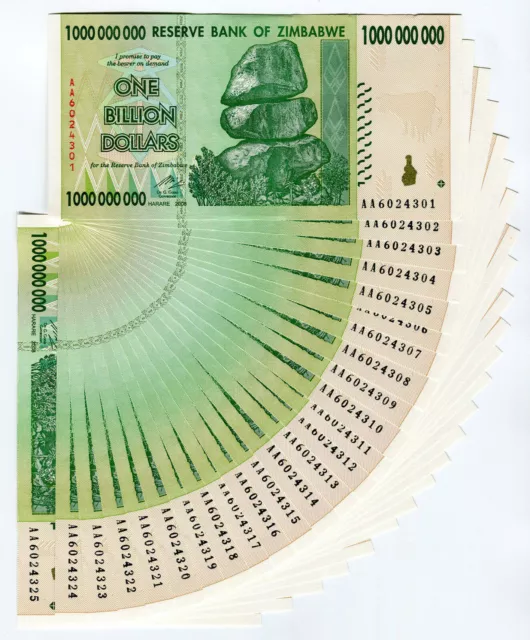 Zimbabwe 1 Billion Dollars x 25 pcs AA 2008 P83 consecutive UNC currency bills