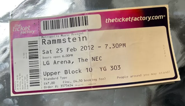 RAMMSTEIN CONCERT TICKET Made In Germany Tour Birmingham NEC Arena 2012