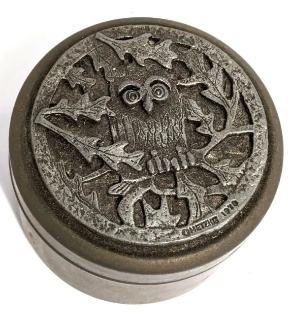 Vintage Pewter Owl Round Trinket Box - Metzke Pewter - 1970 - Owl Canister