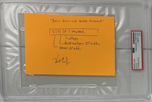 Vint Cerf Signed & Sketched Basic Internet Packet 5x7 Card PSA DNA Encapsulated