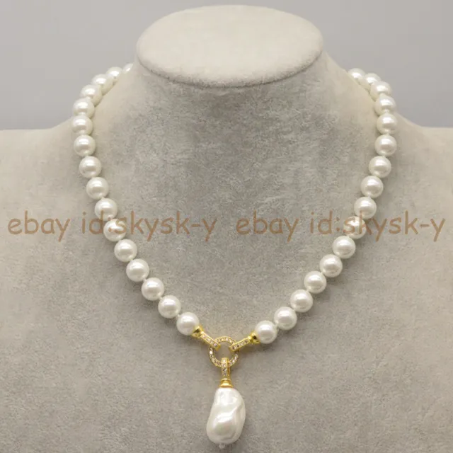 8/10/12/14mm White South Sea Shell Pearl Round Beads Baroque Pendant Necklace