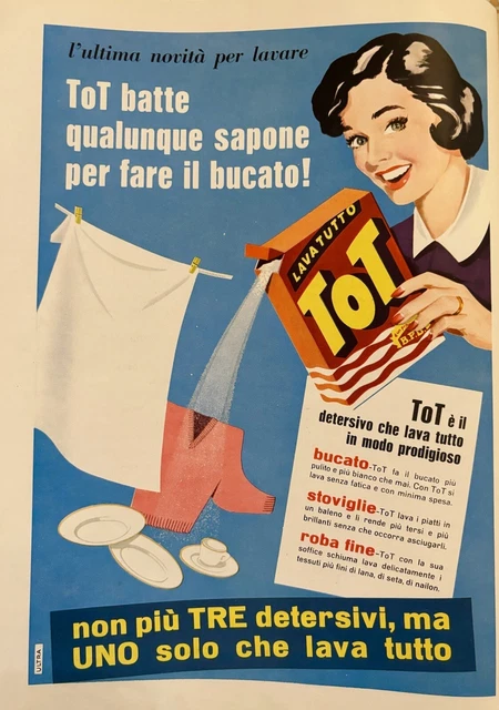 Tot Detersivo Lavatutto pubblicità color Rivista La Cucina Italiana Ottobre 1956