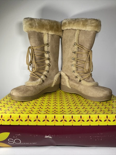 SO Womens Artic Chill Tall Lace Up Tan Boots 8.5 M Mid Calf Boots Winter Fashion