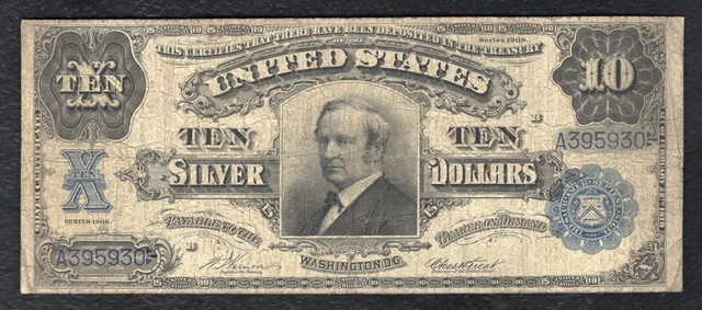 Fr. 302 1908 $10 Ten Dollars “Tombstone” Silver Certificate Currency Note