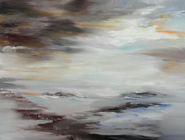 Tableau Abstrait De J.J. Gut (1924-2002) - Huile Sur Toile - Années 1980 - Format 38x46 Cm - Style Paysage Abstrait