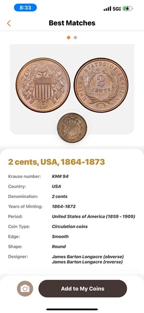 1866 US Copper Coin Two Cent Piece 2C