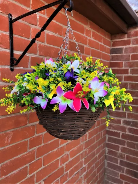 Artificial Flower Hanging Basket With Bright Lilies Berries & Greenery Hand Made