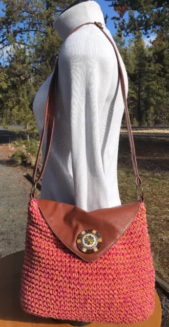 SUN N' SAND Pink Straw & Brown Faux Leather Convertible Tote Shoulder Bag
