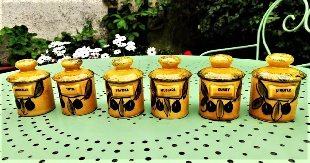 Lot 4 Pots à épices Céramique - Jaune, Décor Fleur, Vintage, Cuisine