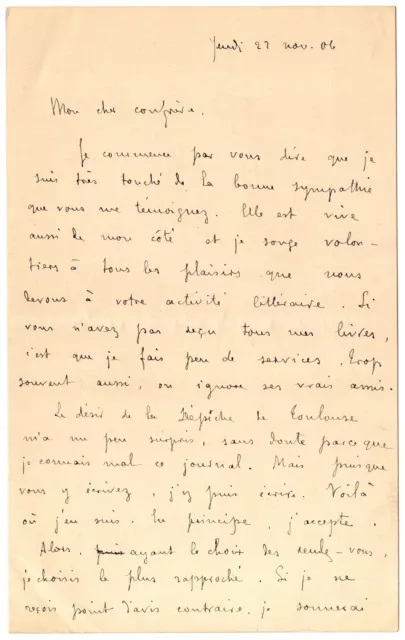 LAS Remy de Gourmont à Octave Uzanne - autographe - Jeudi 22 novembre 1906