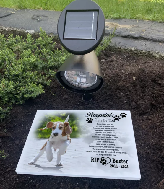 Personalised memorial headstone and solar powered light, Pet dog grave marker.