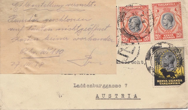 Uganda 1938: Tanga royal exchange assurance to Wien, Eilzustellung versucht