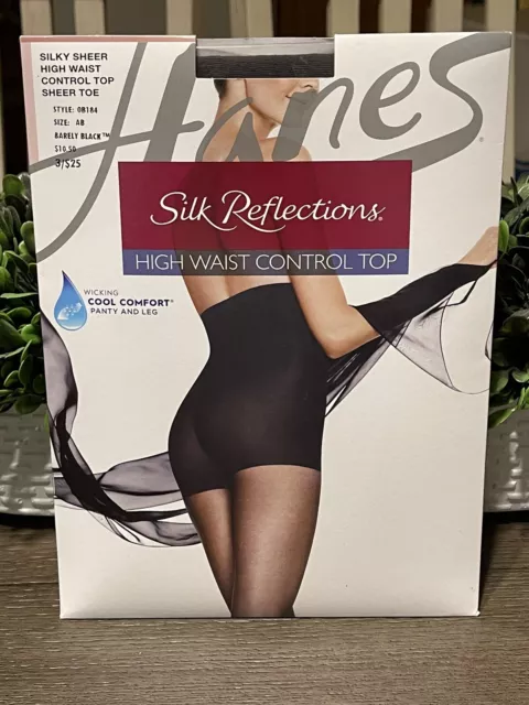 Hanes Silk Reflections High Waist Control Top Silky Sheer Barely Black AB 0B184