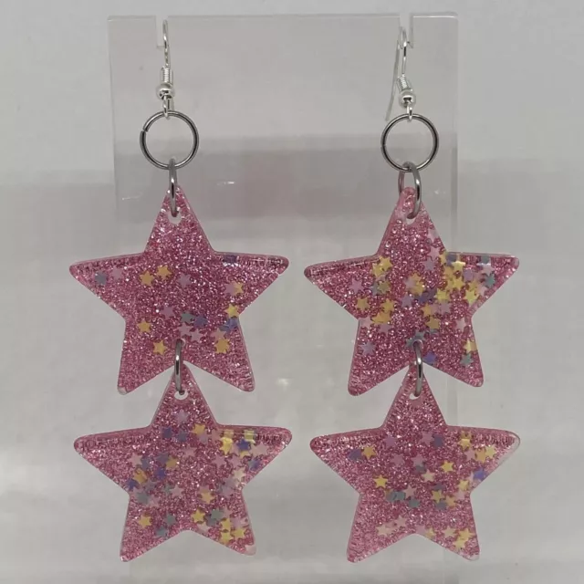 Large double Star earrings , Glitter and Resin Kitsch Fun 10 cm Long Amelia