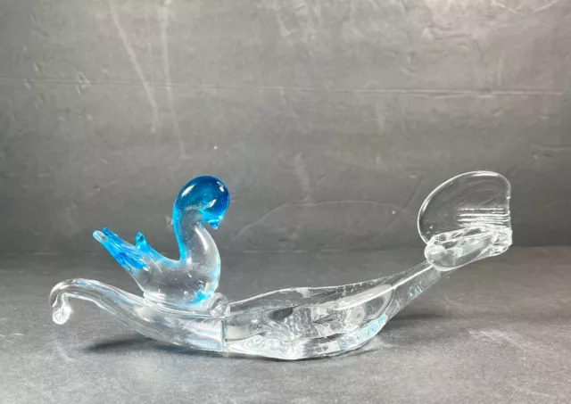 Handblown Art Glass Blue Bird/Duck Sitting On A Boat Candle Holder