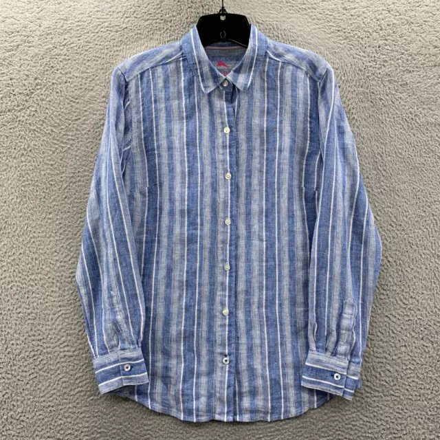 TOMMY BAHAMA Shirt Womens Small Button Up Blouse Top Striped Linen Blend Blue