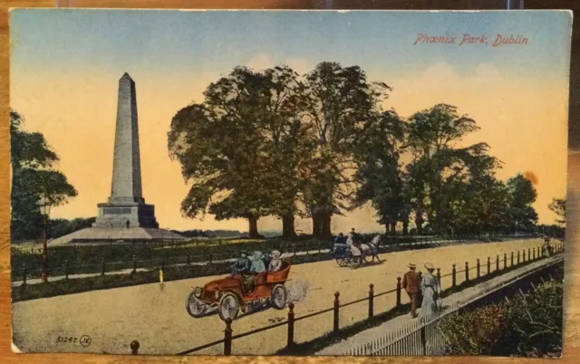 Irish PC PHOENIX PARK Red Motor Car DUBLIN Ireland Wellington Monument Obelisk