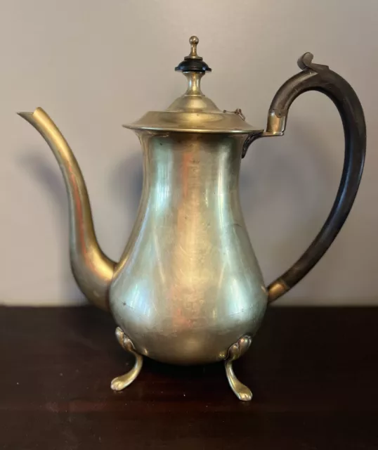 Vintage Brass Etched Tea Coffee Water Pitcher Thermoplastic Handle Hinged Lid