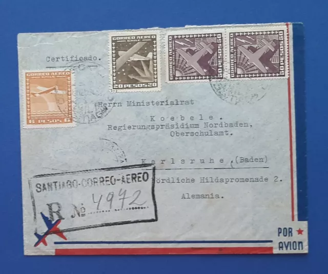 CHILE Luftpost, Flugpost Bedarf Brief Santiago nach Karlsruhe Flugzeuge gel 1956