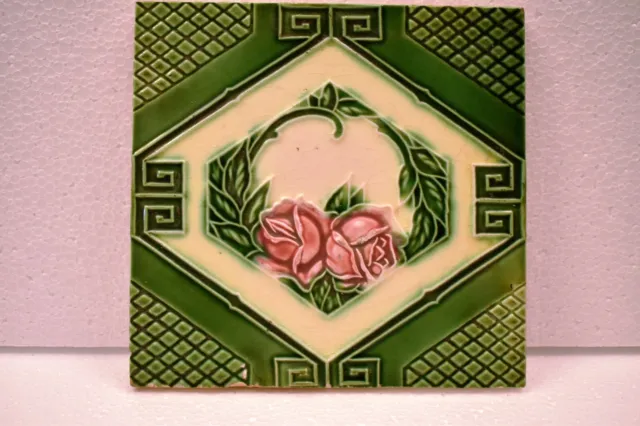 Antique Saji Tile Japan Majolica Art Nouveau Porcelain Floral Rose Geometric"J65 2