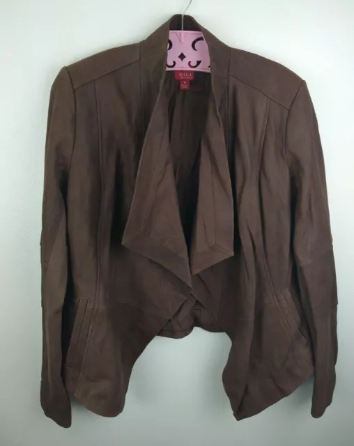 Women's Draped Open Front Brown Leather Jacket Size 4 Lined Pockets