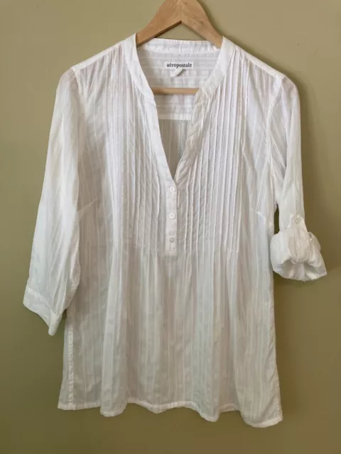 Aeropostale Womens Solid Popover Pintuck Roll Tab Sleeves Shirt White Large