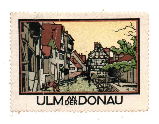 Werbemarke Vignette, Ulm an der Donau, historisches Stadtbild, Wäscherin