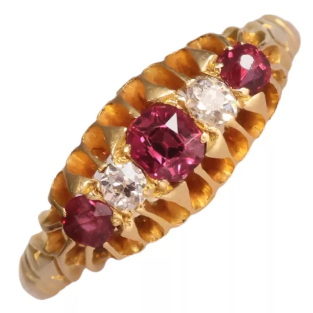 18ct Gold Late Victorian Ruby and Diamond Five Stone Ring Size O Chester 1900