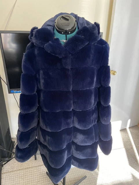 NWT-BCBGMAXAZRIA FELICIA Sapphire Blue Cozy Faux Fur Hooded Coat~Stunning!  Larg