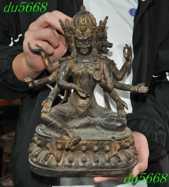11"temple Bronze gilt 3 Head 8 Arms Namgyalma & Ushnishavijaya Buddha Statue