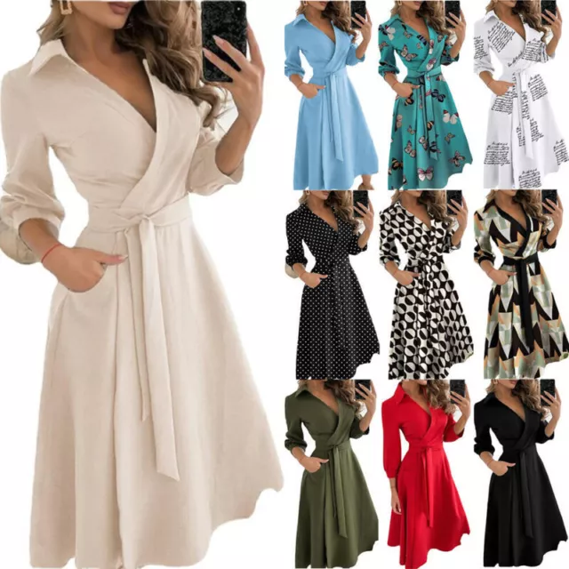 NEW Womens Long Sleeve Belted Midi Dress Ladies V Neck Party Formal Work OL Dres