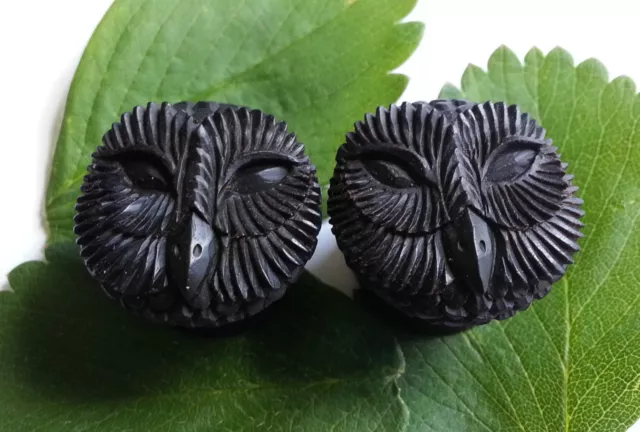1 Pair Organic Carved Hooter Owl Ebony Black Areng Wood Ear Plugs Tunnels Gauges