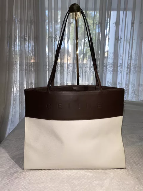 CELINE - colorblock white coated canvas with brown leather bag