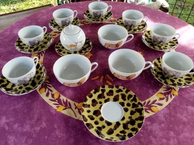 Service Petit Déjeuner Geneviève Lethu - 2 Tasses + Pot à Lait Vert - Céramique - Occasion