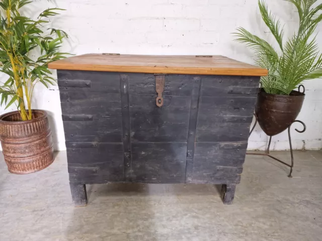 Large Vintage Antique Indian Banded Wooden Dowry Chest Trunk