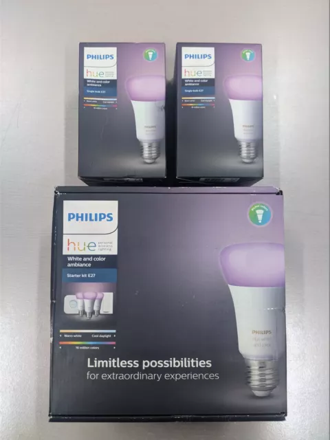 Philips Hue Starter Kit Color (3X Lampadine + Bridge + Switch) + 2 Lampadine E27