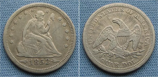1853 P Seated Liberty Quarter with arrows & rays (25C)