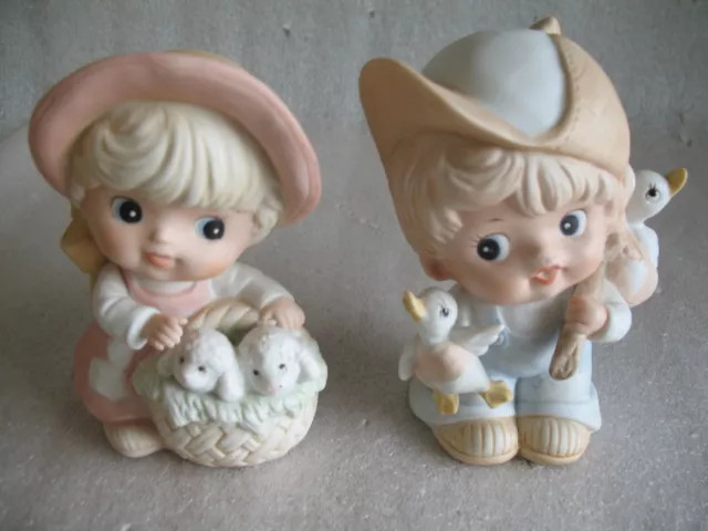 Vintage Homco # 1418 Girl & Boy Figurines Spring Baby Animals Nursery Farm Decor