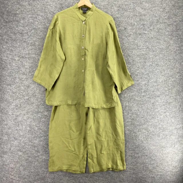 Citron Pants Suit Women L Large Green Silk Button Up 3/4 Sleeve Straight Casual