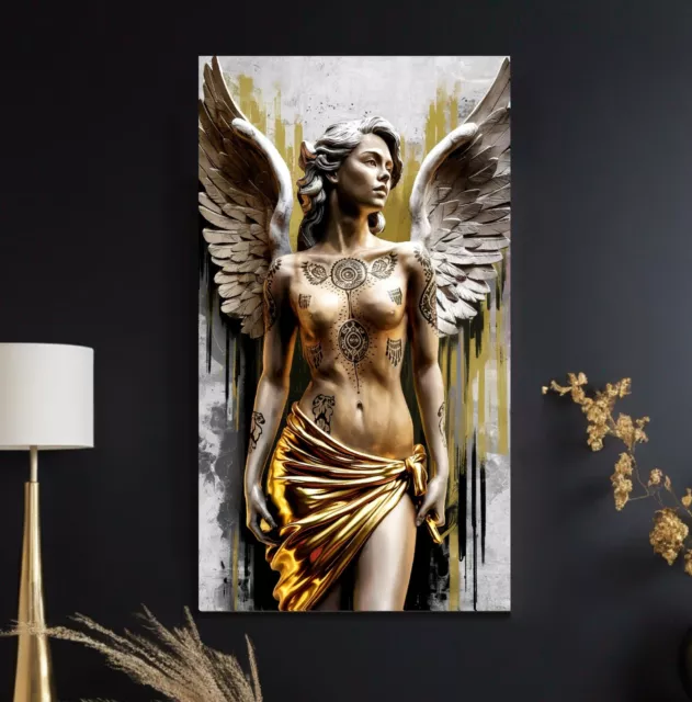 LEINWAND BILD BIS 130x70x5 FRAU ENGEL ABSTRAKT EROTIK SCHWARZ GOLD WANDBILD MODE